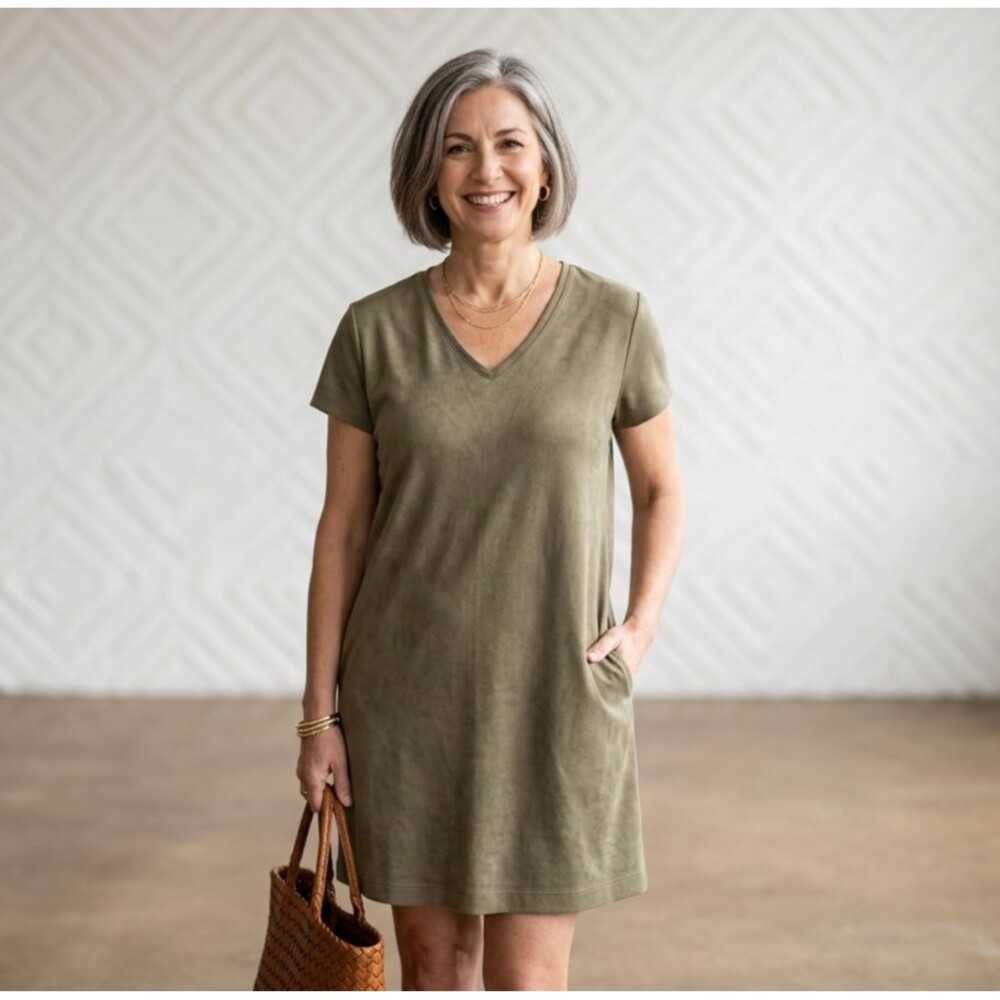 Prologue Women's XXL Olive Green V-Neck Short Sleeve T-Shirt Shift Dress